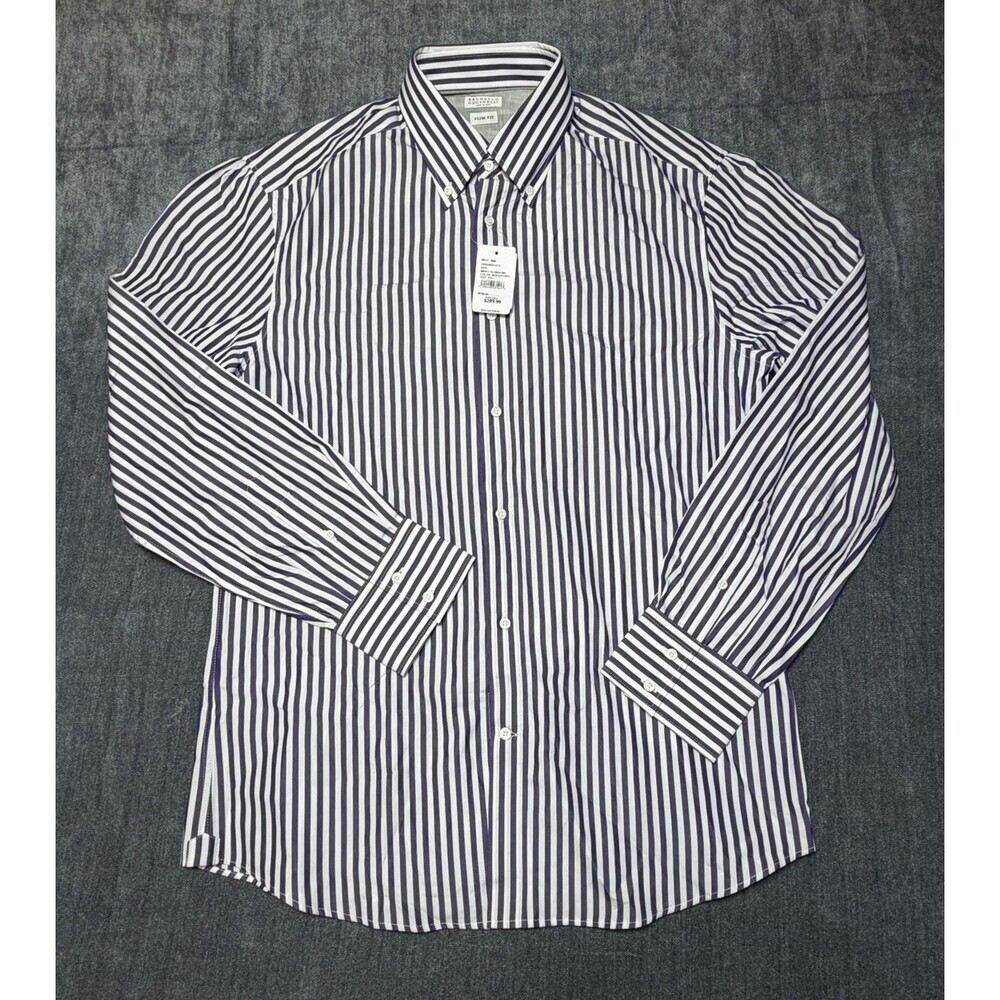 Brunello Cucinelli Button-Up Shirt Men's 2XL Blue/White Striped Slim Fit Collar